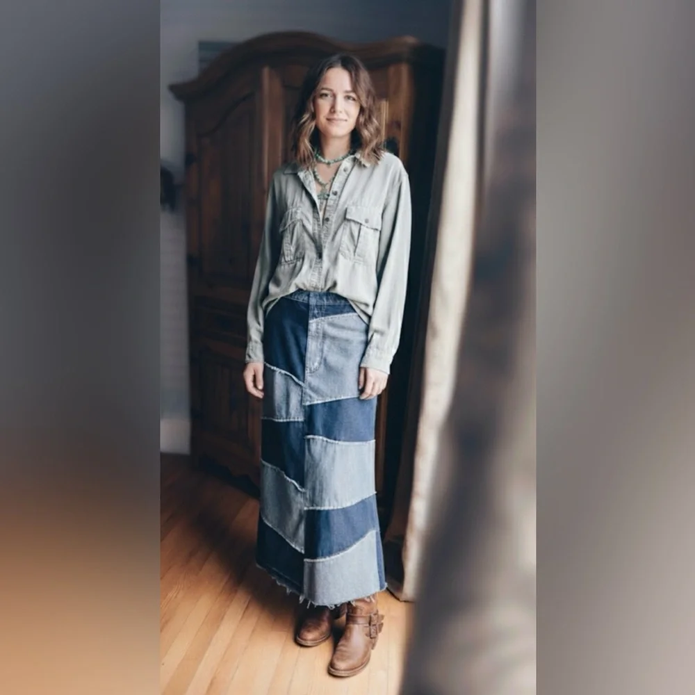 One-of-a-Kind Artisan Patchwork Denim Maxi Skirt